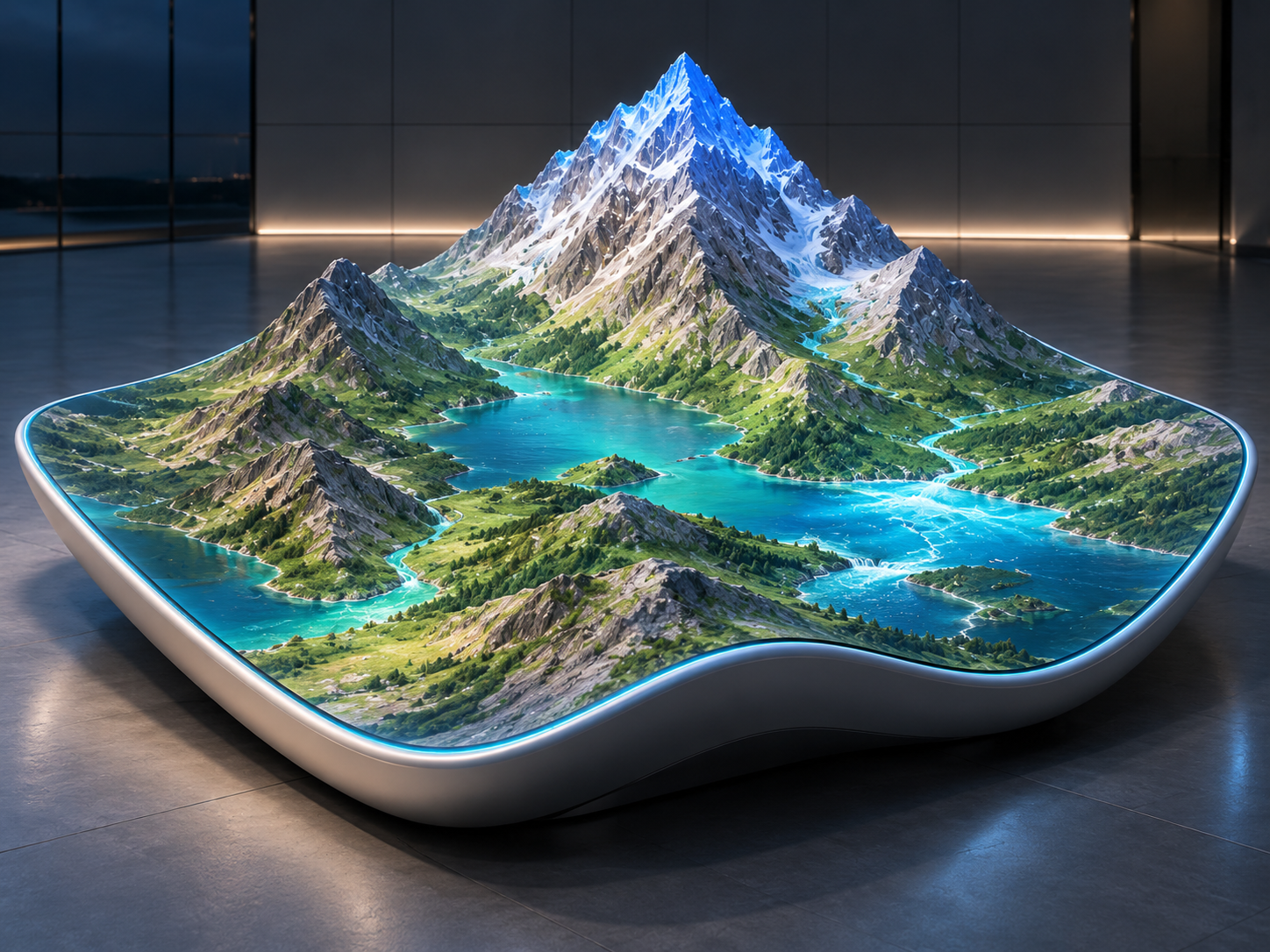 Conceptual free-form display rising into a three-dimensional mountain landscape with lakes and flowing water