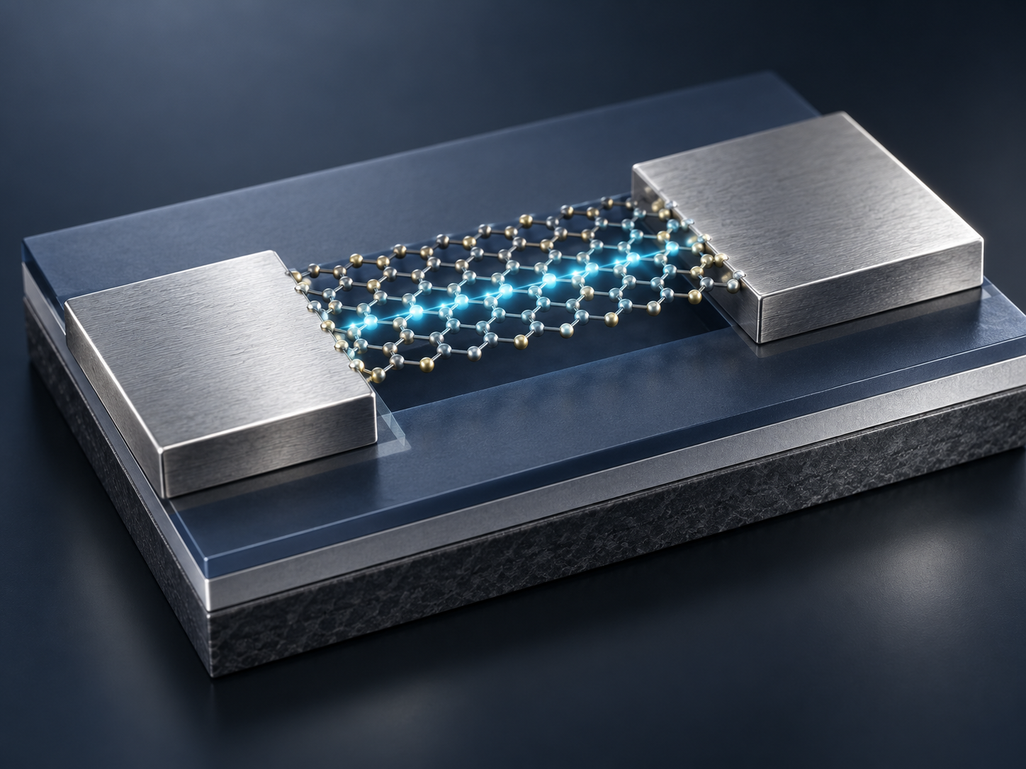 Conceptual illustration of an atomically thin semiconductor channel between metal contacts
