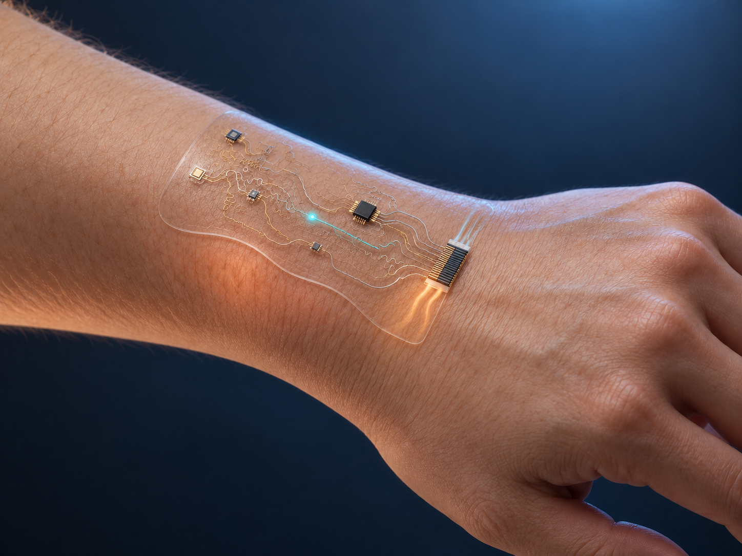 Conceptual illustration of transparent PDMS electronic skin with fine stretchable circuits powered by body-heat harvesting